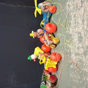 Fisher-Price wood pull toys: copter #448, Tractor #629, Jumper #450 Jalopy #724
